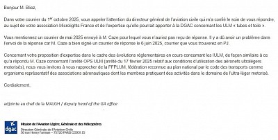 lettre DGAC à l'Association Microlights France